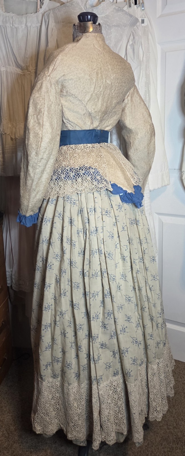 1850s Victorian 4pc Beige/Teal Cotton Blend Visiting Dress w/ Peplum & Lace Belt