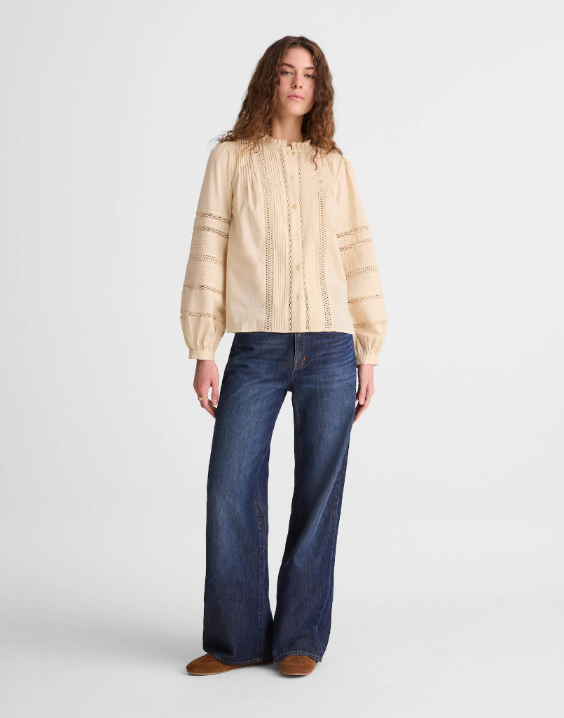 NWT Madewell Lace-Insert High-Neck Pintuck Top
