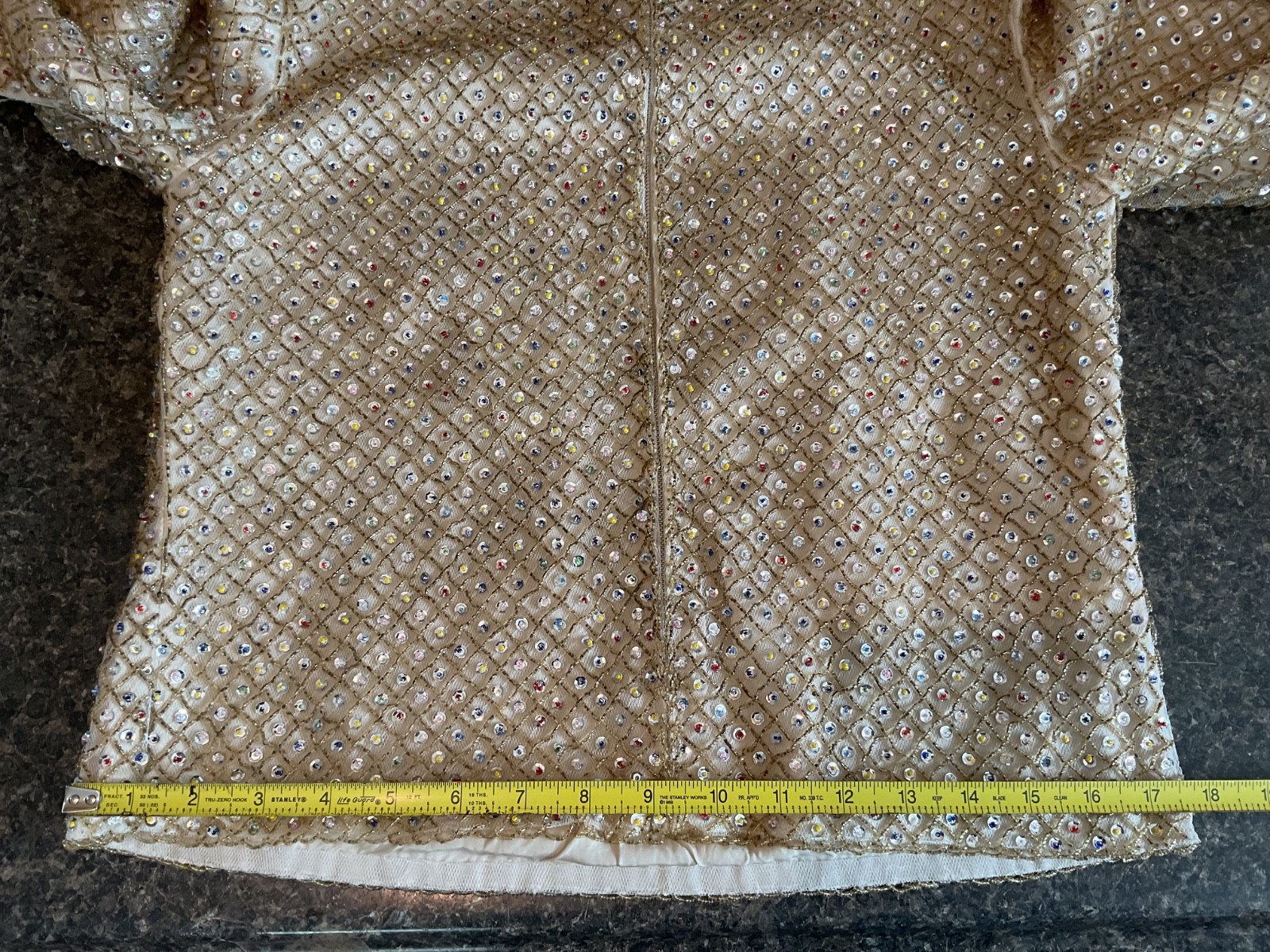Vintage 1960s Hand Beaded Sequin Womens Top Blouse S Gold 3/4 Sleeve Mod