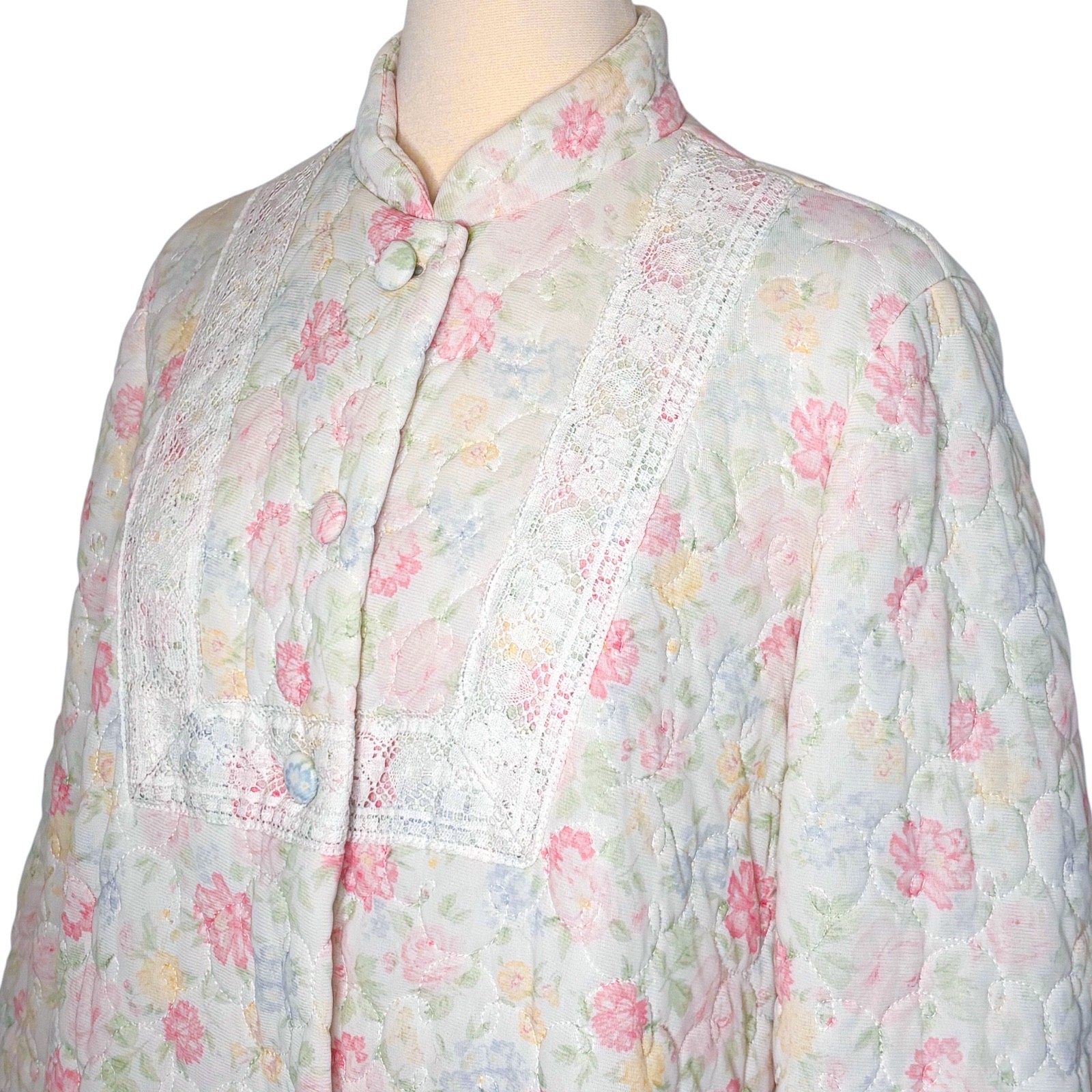 Vintage Sears At Home Wear Quilted Floral Button Front Ivory Pink Robe Housecoat