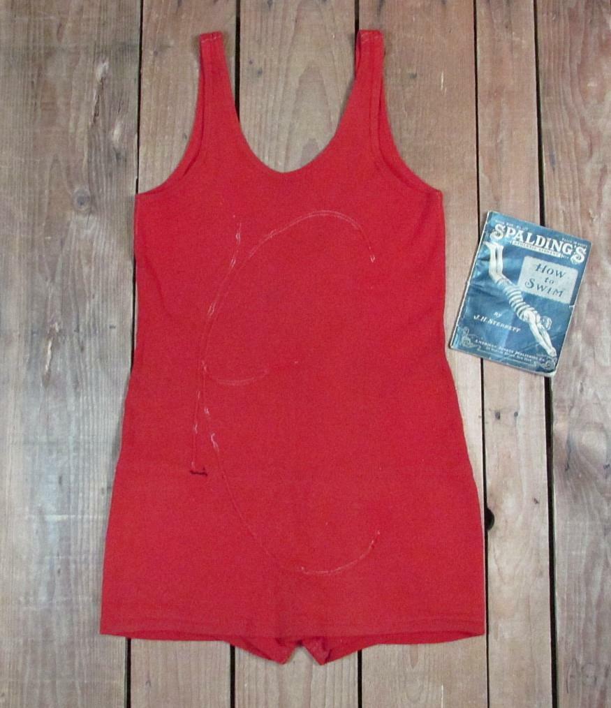 Vintage 1920s Zephyr Red Wool Swimsuit Antique Bathing Suit & Spalding Swim Book