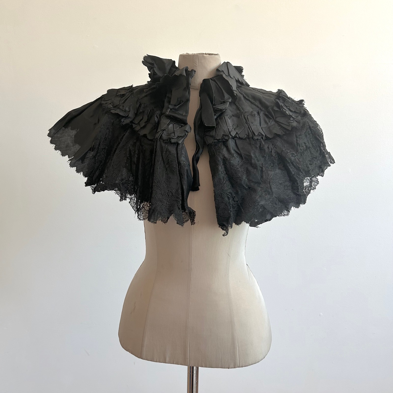 Antique Edwardian Victorian Black Mourning Capelet Silk Lace 1800s 1900s