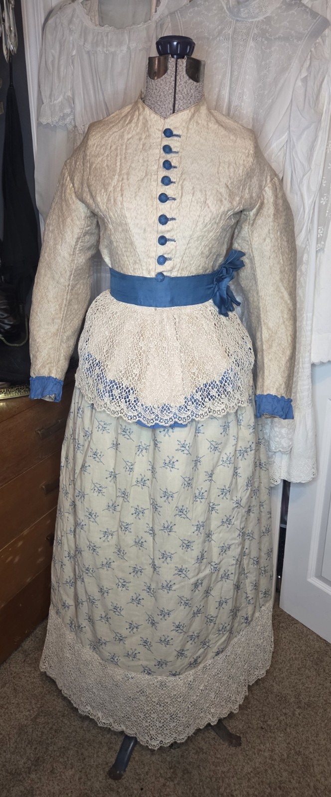1850s Victorian 4pc Beige/Teal Cotton Blend Visiting Dress w/ Peplum & Lace Belt