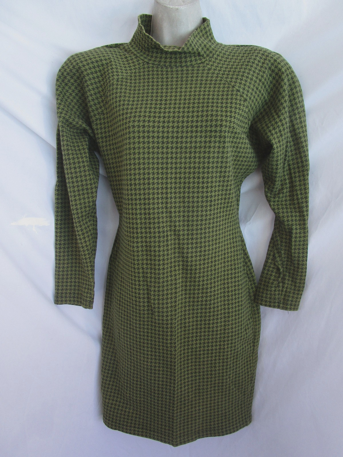 Vtg 80s Yes Clothing Co Green Black Houndstooth Stretch Secretary Party Dress L