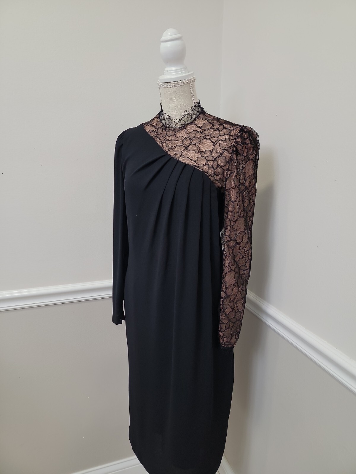 VTG BILL BLASS COLLECTION III Black Cocktail Dress/One Shoulder Lace/Knee Lengt