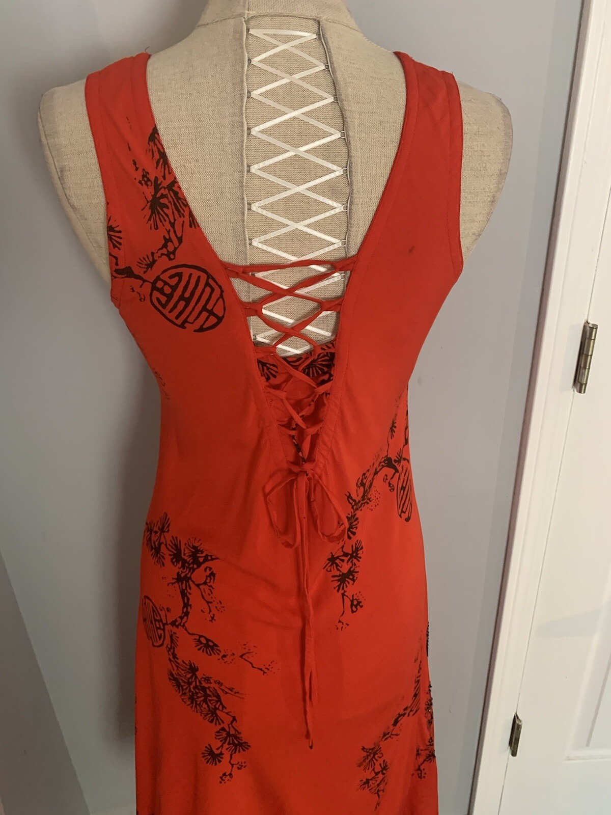 Vintage 90s Beaded Batik Corset Lace Up Back Dress Goth Glam Boho Artsy Witchy M