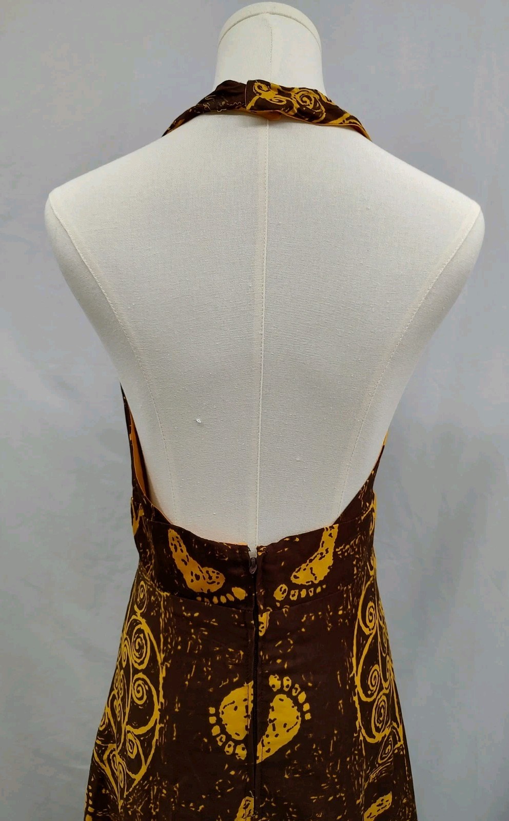 70&rsquo;s Vintage Hawaiian Dress Maxi Halter Tiki Barefoot Beach Print Brown Sz XS/S