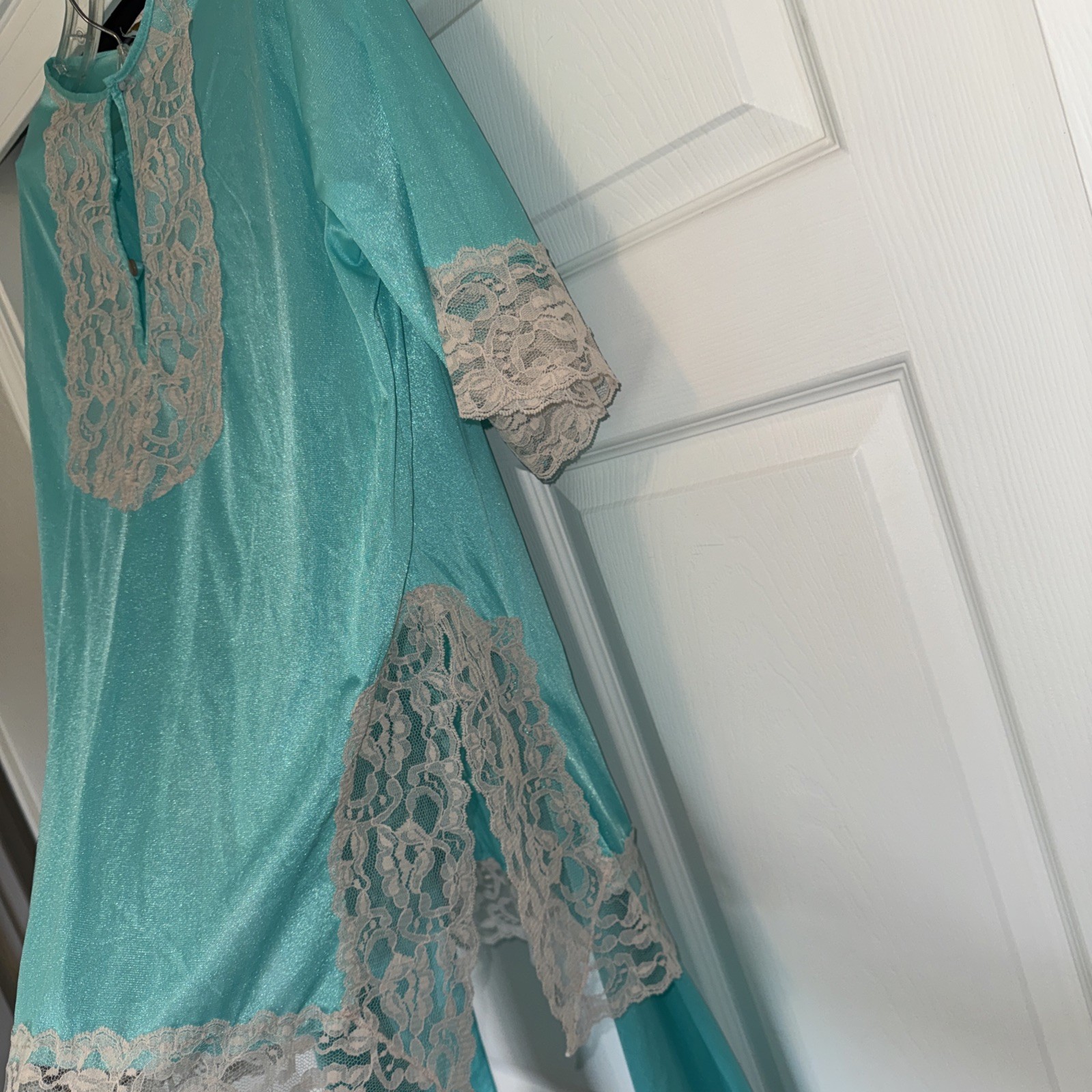 ERICA LOREN Vtg 1970s NYLON Pajama Set AQUA Blue Lace Trim SMALL Boho