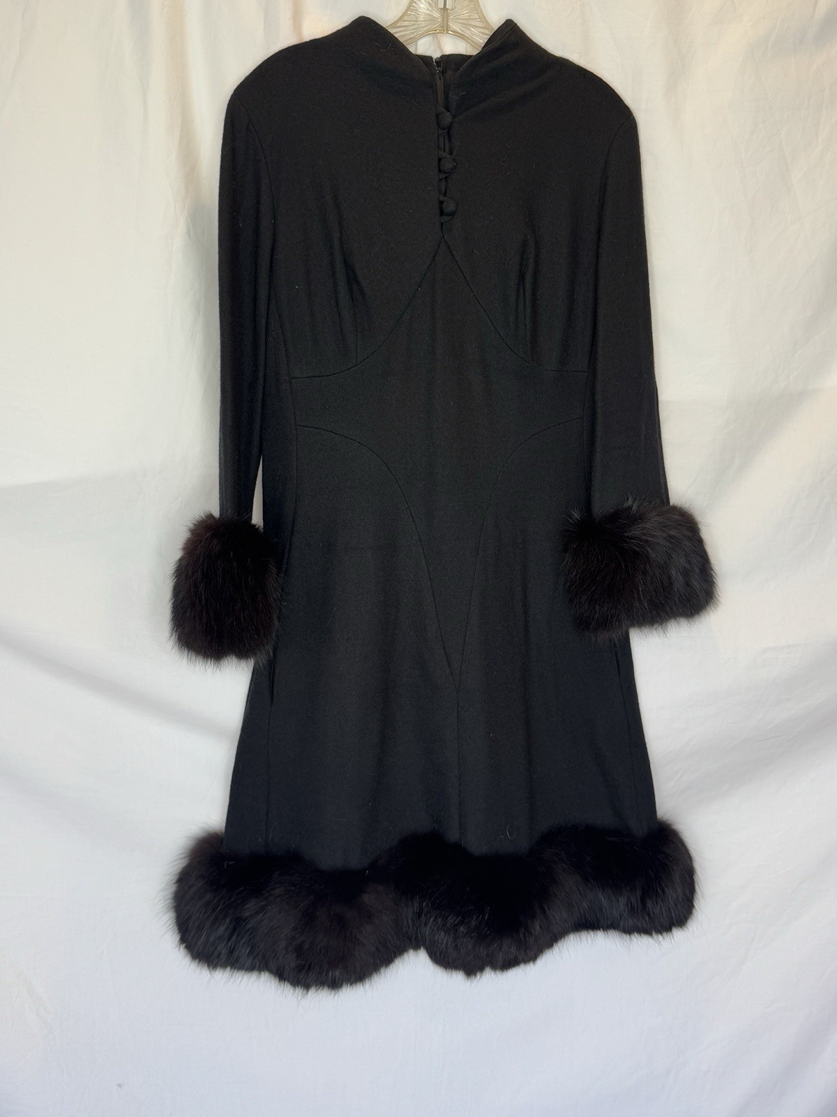 Sandi Monica Vintage Black Wool Coat Dress with Fur Trim