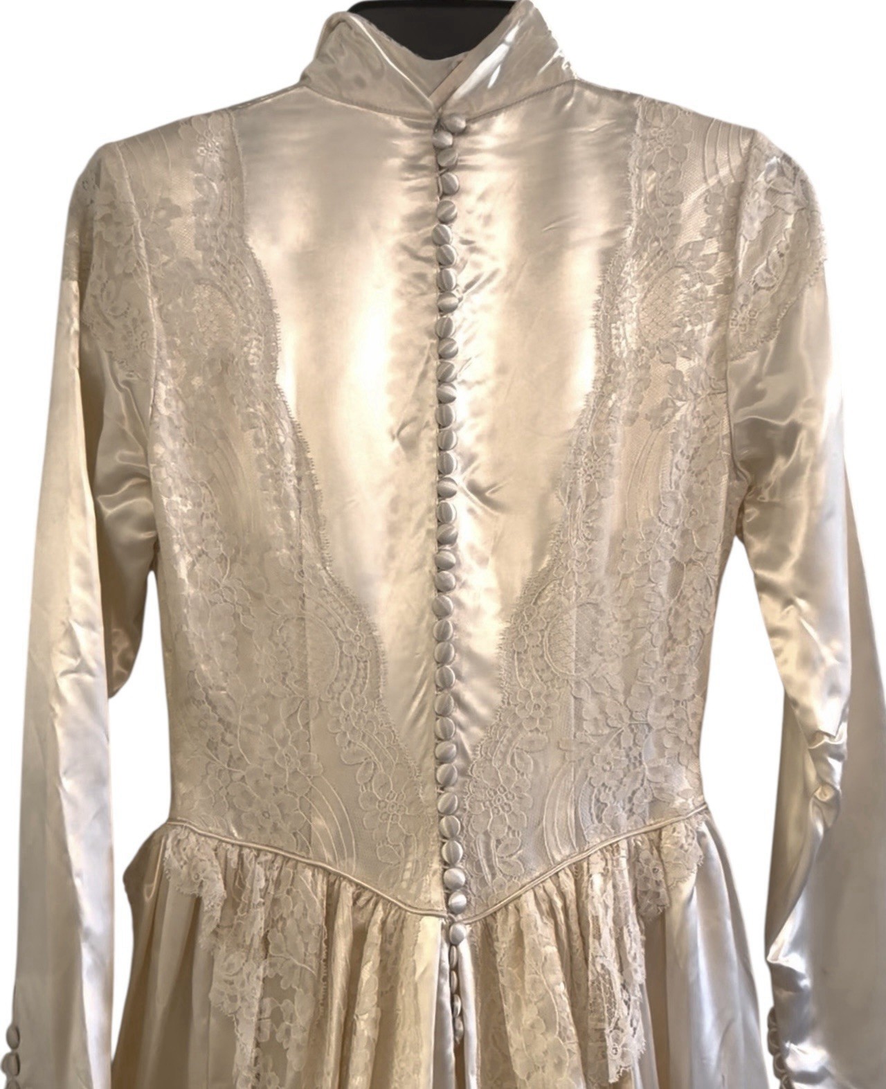 Vintage 1940s Wedding Dress, Liquid Satin,Ivory, Long Dramatic Train, Lace