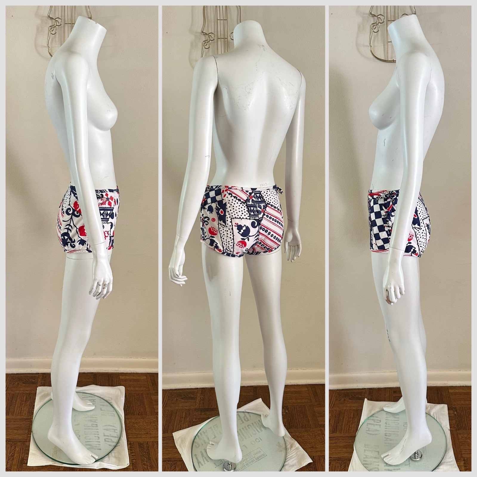 1960s Patchwork Print Lace Up Swim Bottoms Hot Pants Mod Floral Polka Dot S VTG