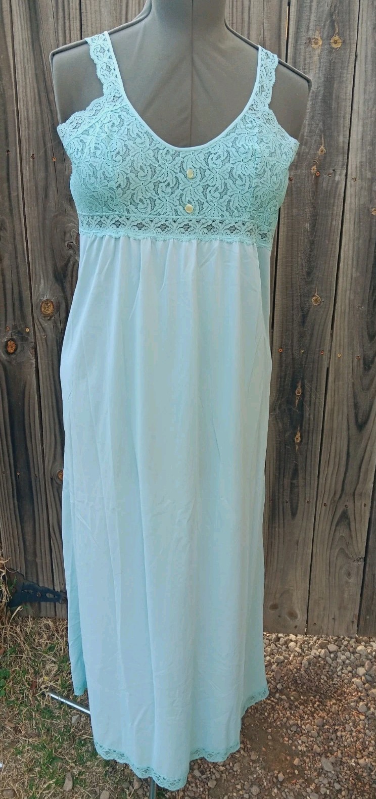 Vtg Texsheen Nylon Nightgown Light Blue Green M