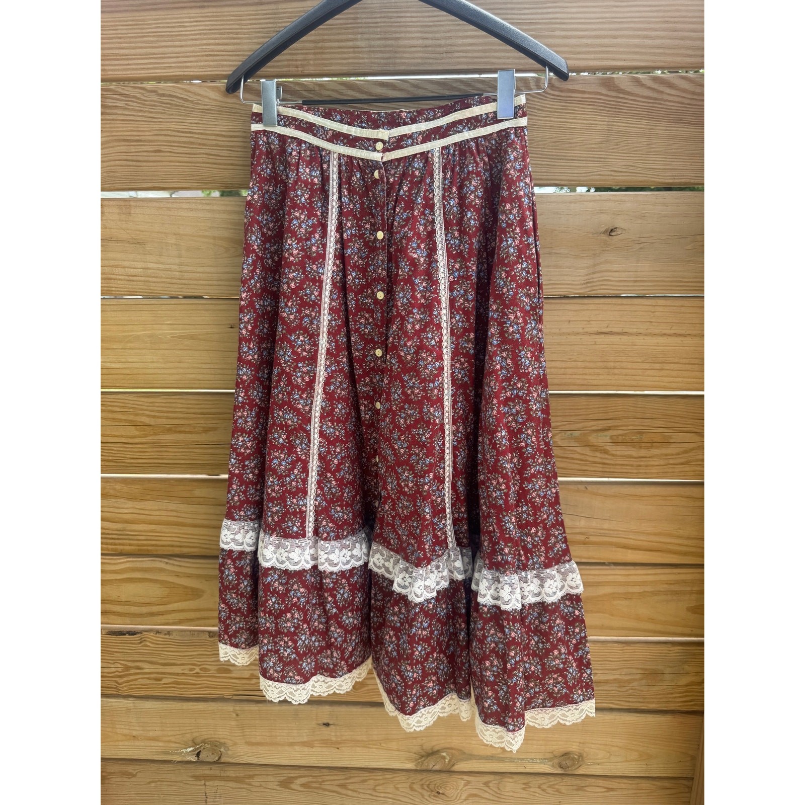 Vtg 1970s Gunne Sax Jessica’s Cottagecore Floral Prairie Midi Skirt Burgundy S