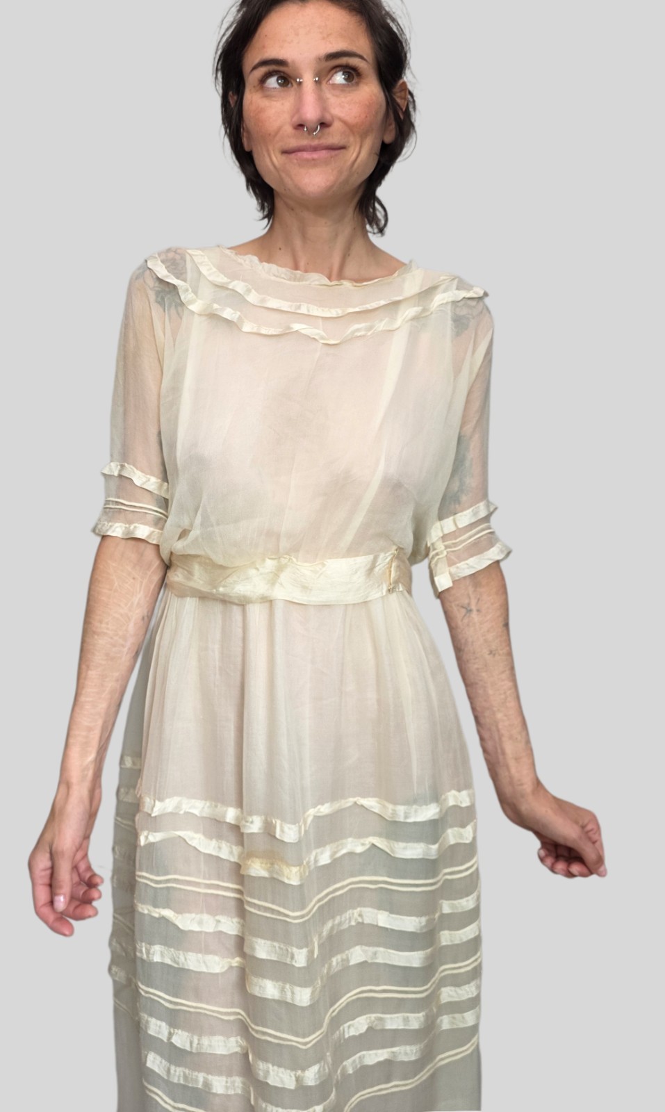 1910s Ivory Silk Chiffon Dress | Edwardian Tea Dress | Sheer Ribbon Trim Antique