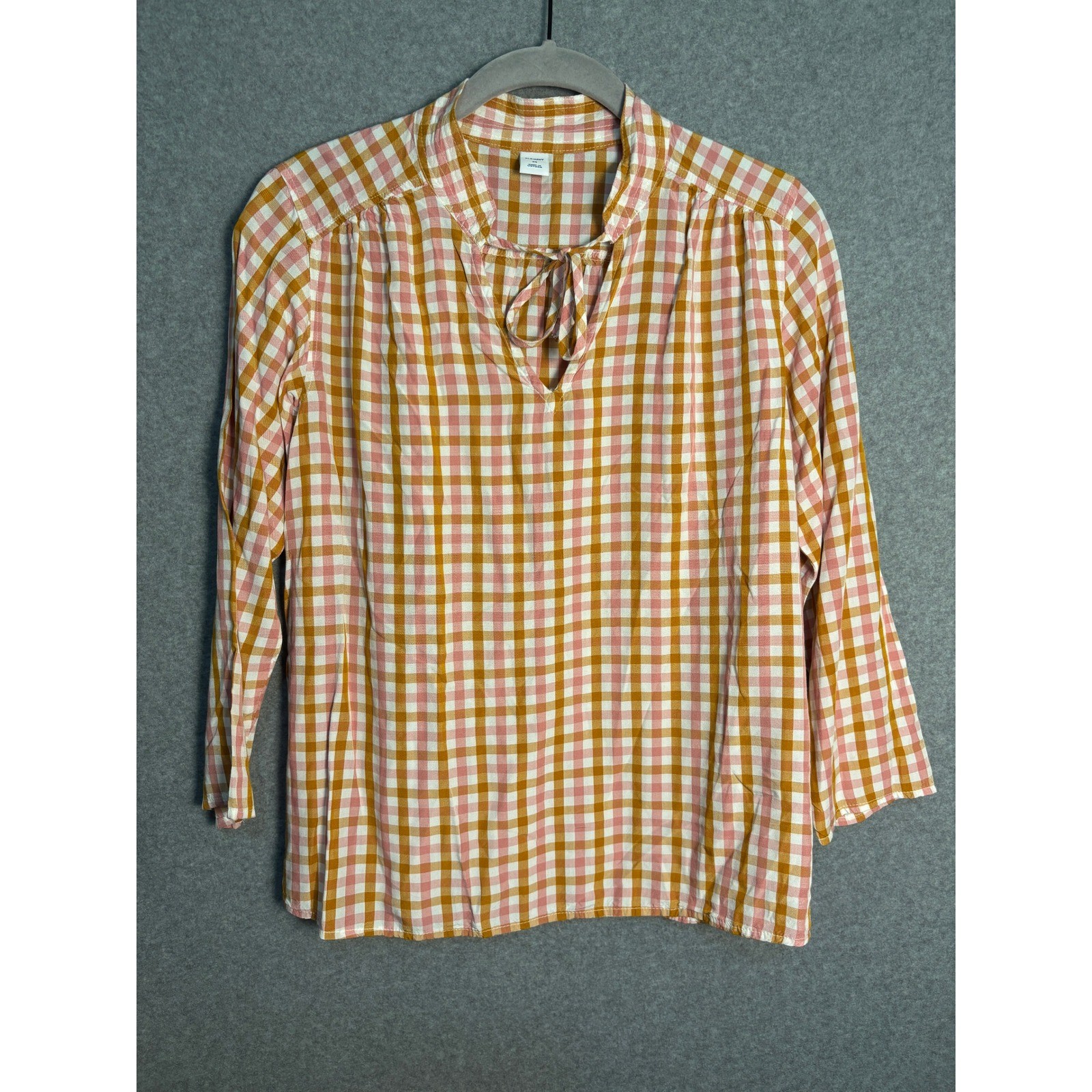 Old Navy Women&rsquo;s Gingham Tie Neck Blouse Pink Mustard Plaid Boho Top XS