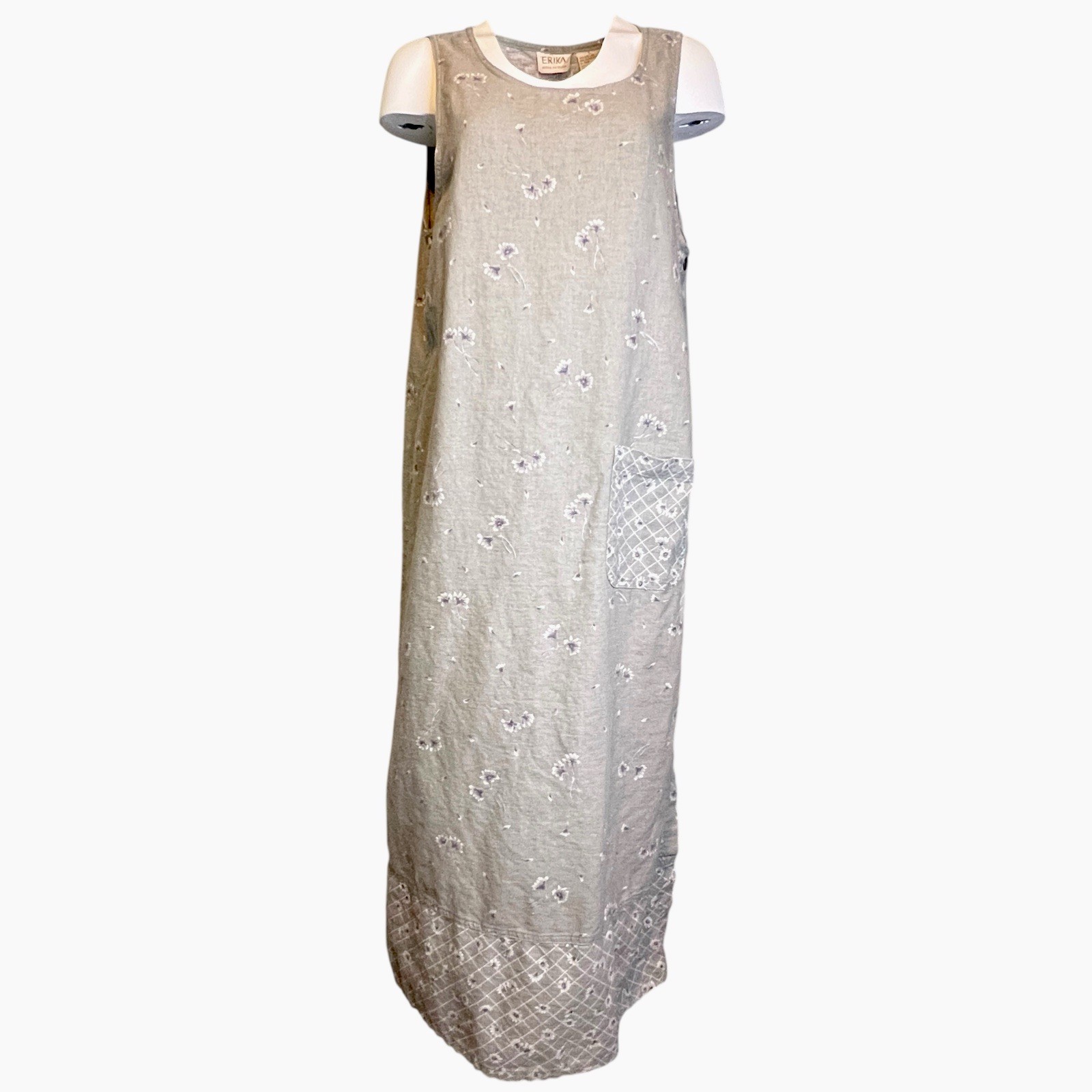 Vtg Erika Cottagecore Midi Dress Womens L Beige Floral Linen Blend Sleeveless