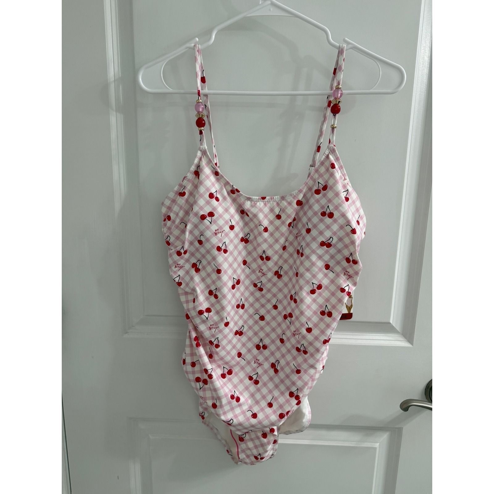 Betsey Johnson Pink Gingham Cherry Print One Piece Swimsuit Beaded Straps XL NEW