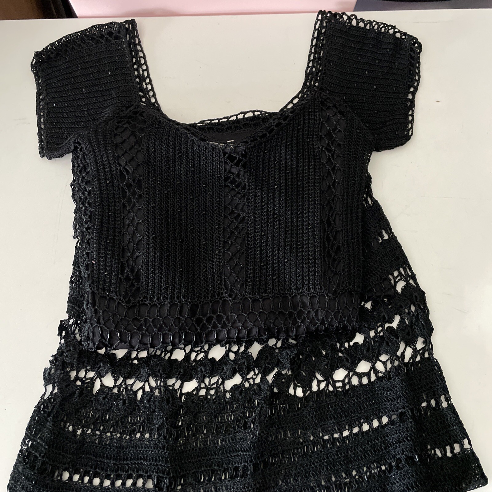 Gorgeous Vintage CACHÉ Black Beaded Crochet Knit Midi Dress XS/S/M