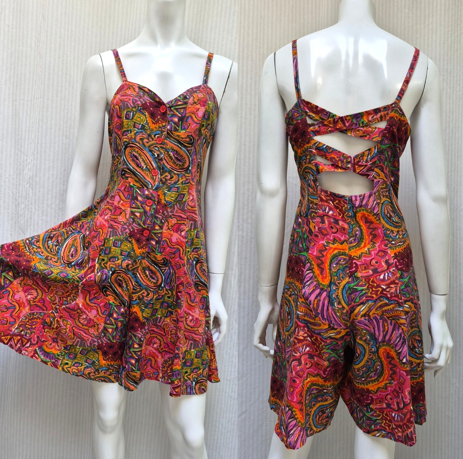 Vintage 1990s TREND BASICS Paisley Floral Romper Criss Cross Back – Size S – EUC