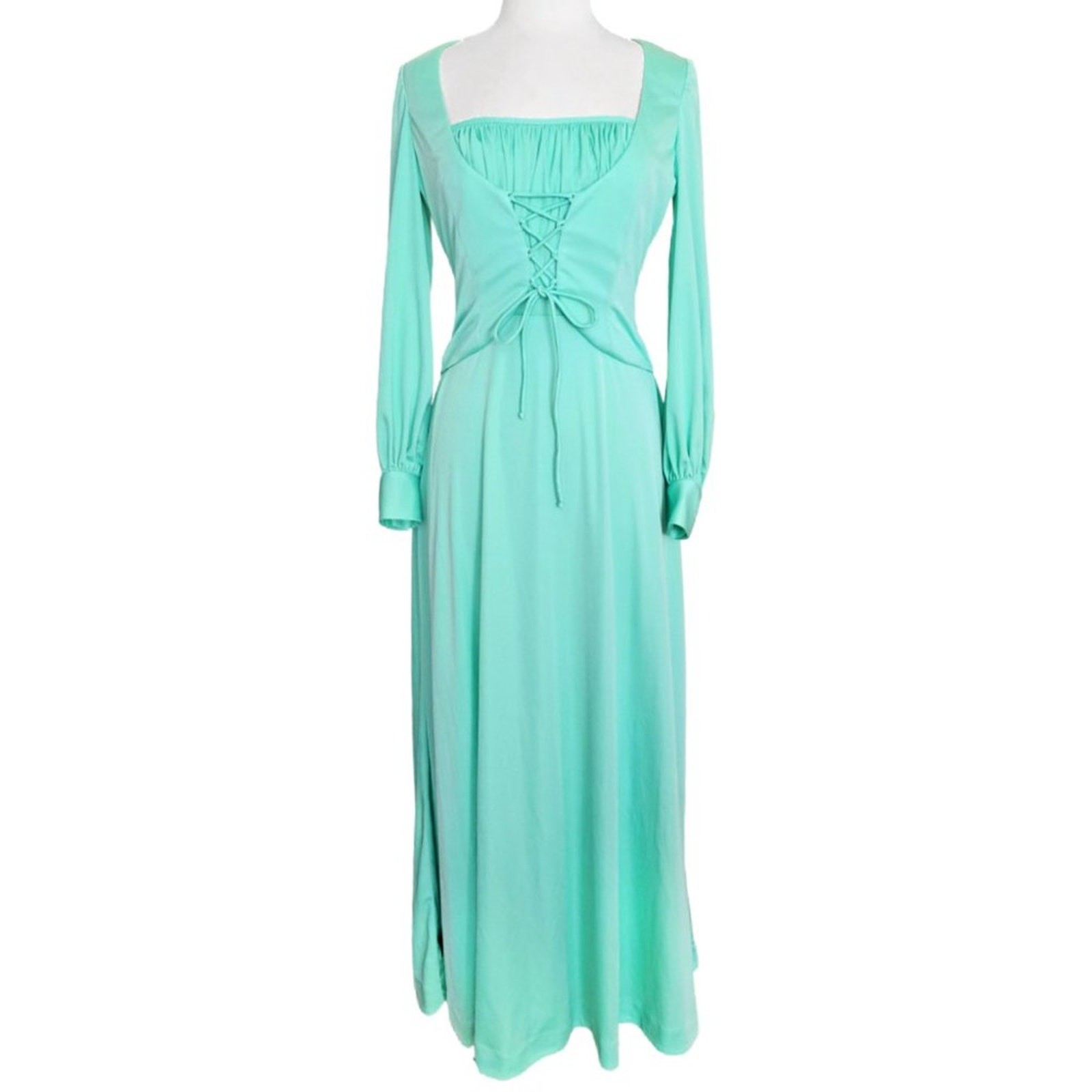 Vintage 70s Eva Gabor Corset Maxi Dress Mint Renaissance Vibe Lace Up Bodice