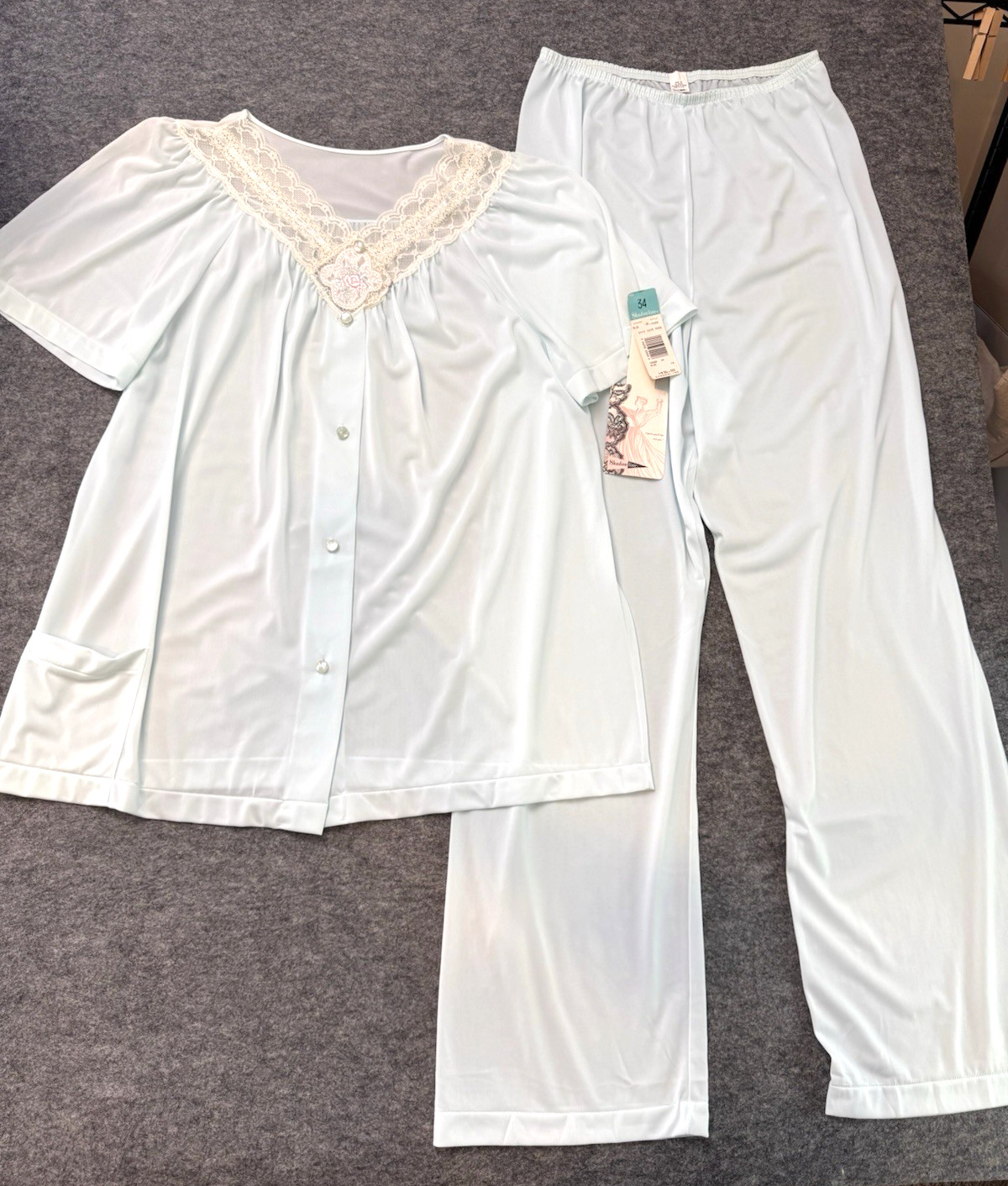 UNWORN Shadowline Pajama Set, Pants/Top Cottagecore Lace Feminine S/M Vtg 1990&rsquo;s
