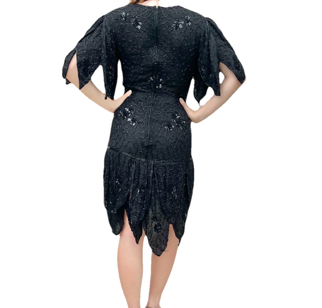 Vintage Frank Usher Black Silk Beaded & Sequin Dress Hand Woven M. Whimsigoth