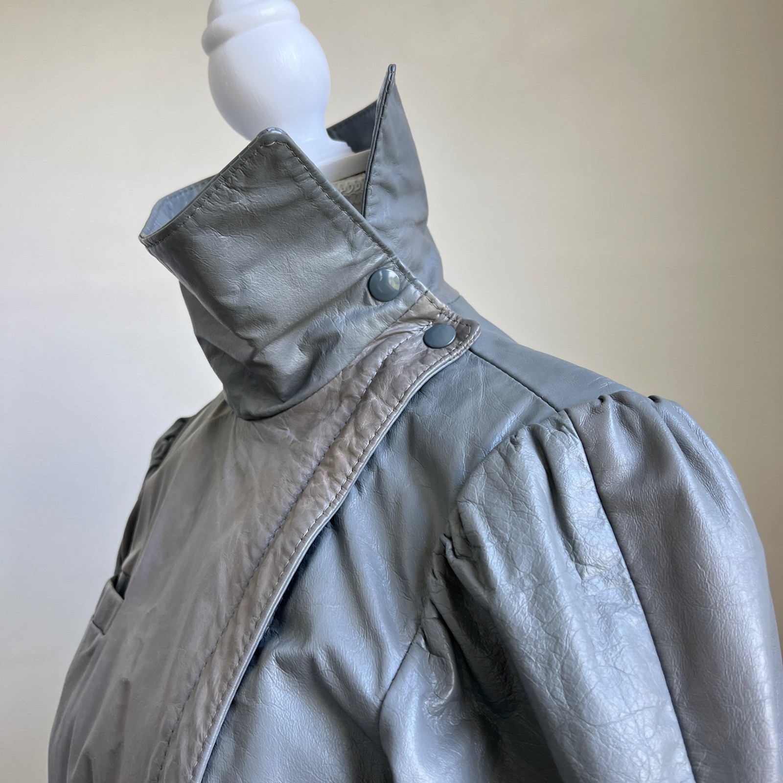 Vintage 80s Leather Jacket Small Gray Stand Collar Funnel Neck Retro Avant Garde
