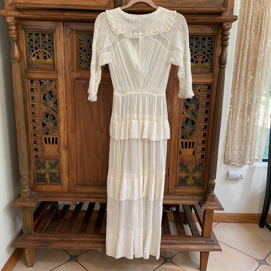Antique Edwardian White Cotton Dress XXS Crochet Lace Lawn Tea Victorian Sheer