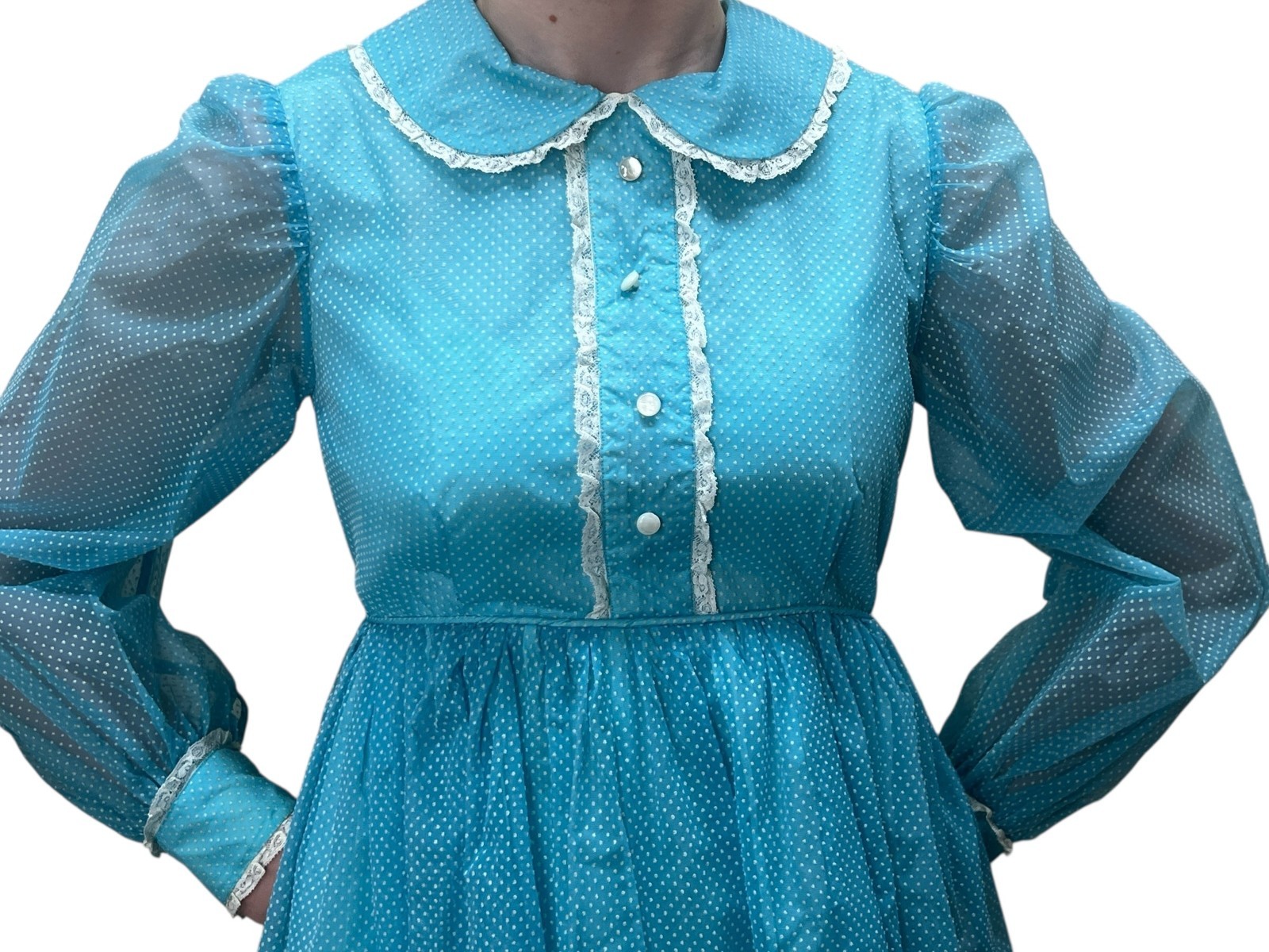 Vtg 60s Sz XS~S BABYDOLL Mini Dress Blue Swiss Dot Empire Waistline MOD