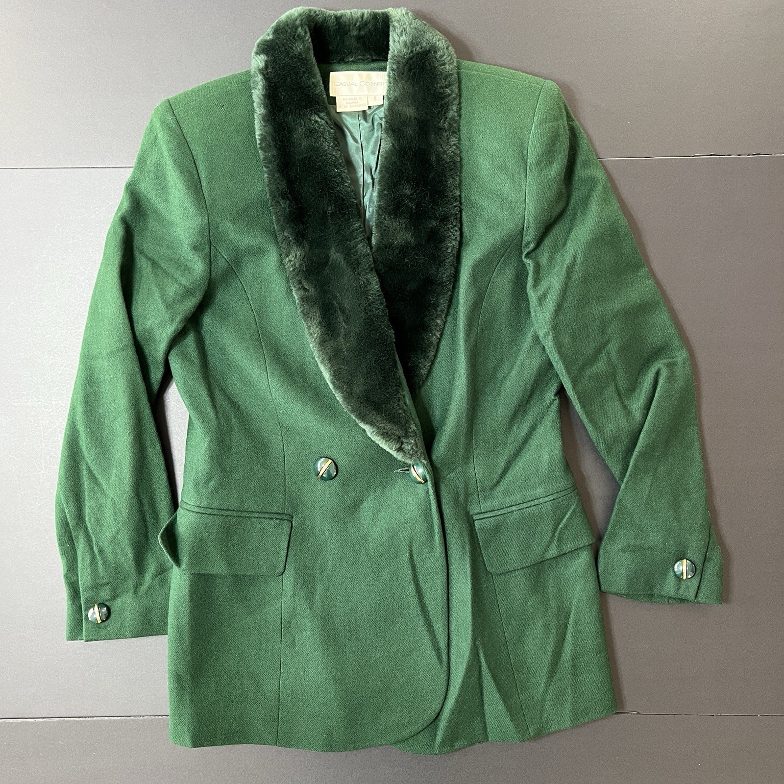 Vintage Casual Corner Wool Skirt Suit 2pc Women’s 8 Green Faux Fur Collar