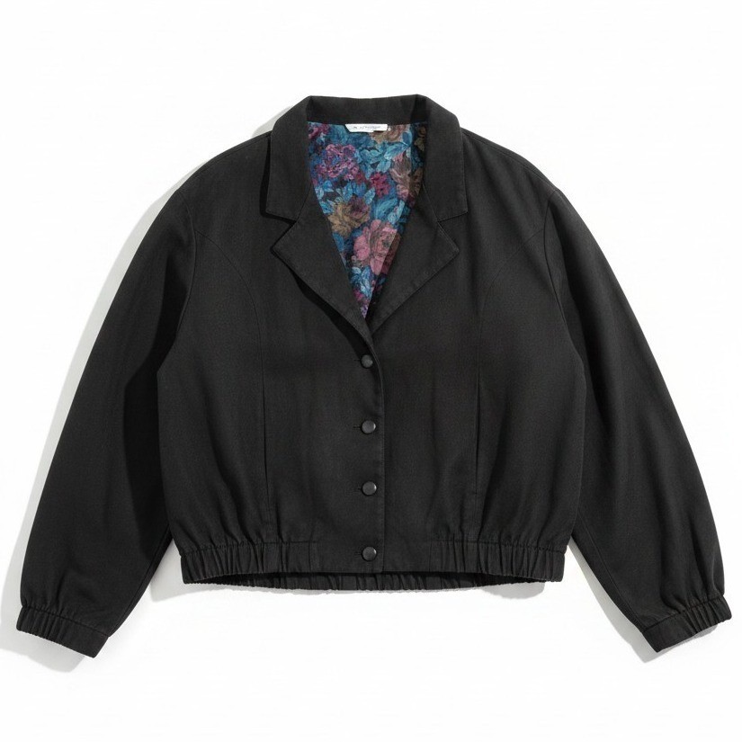 Jessica Scott Black Faux Suede Bomber Jacket, Floral Lining, Women&rsquo;s Small, Vtg