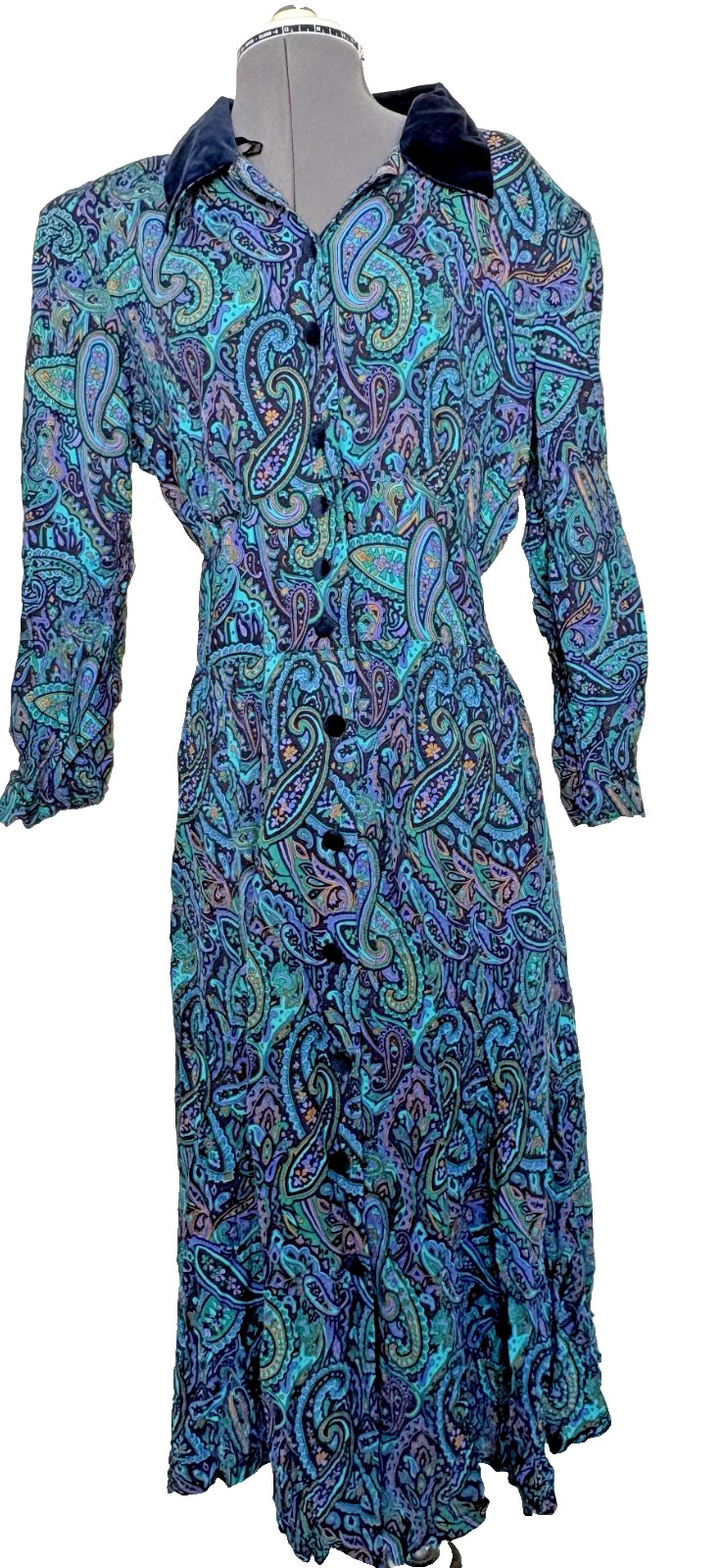 Vintage Karin Stevens Teal Paisley Button Up Dress Size 16 Velvet Collar Rayon