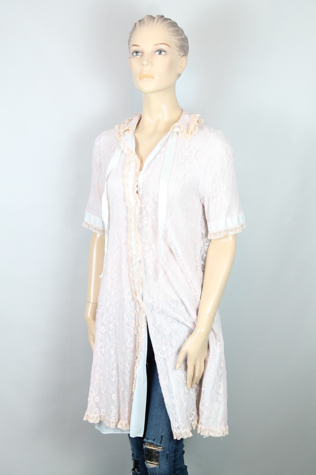 Vtg ODETTE BARSA Blue Pink Ruffles Layered Lace Bed Jacket Dress Robe S
