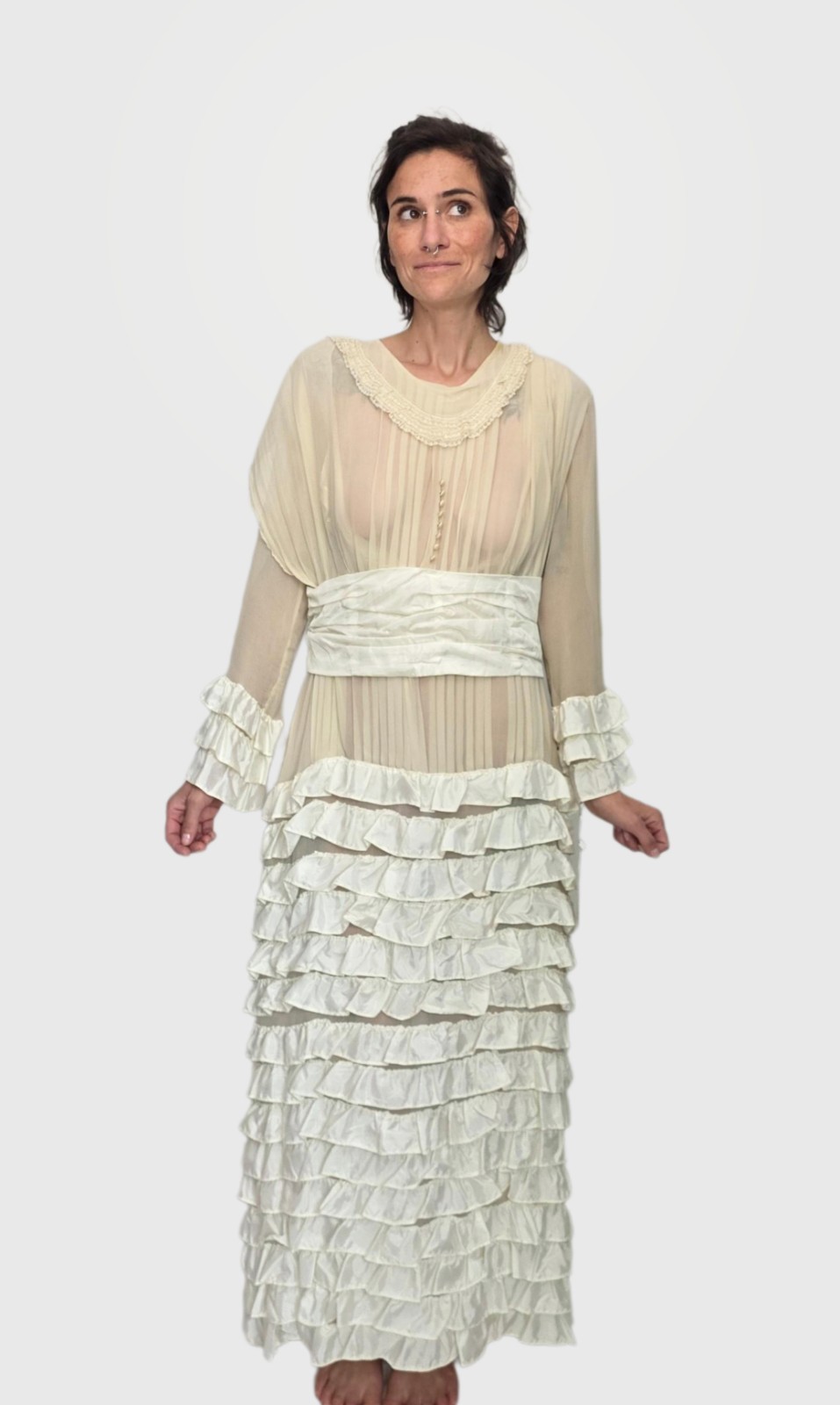 1920s Ivory Silk Chiffon & Taffeta Flapper Dress | Tiered Ruffle Art Deco…