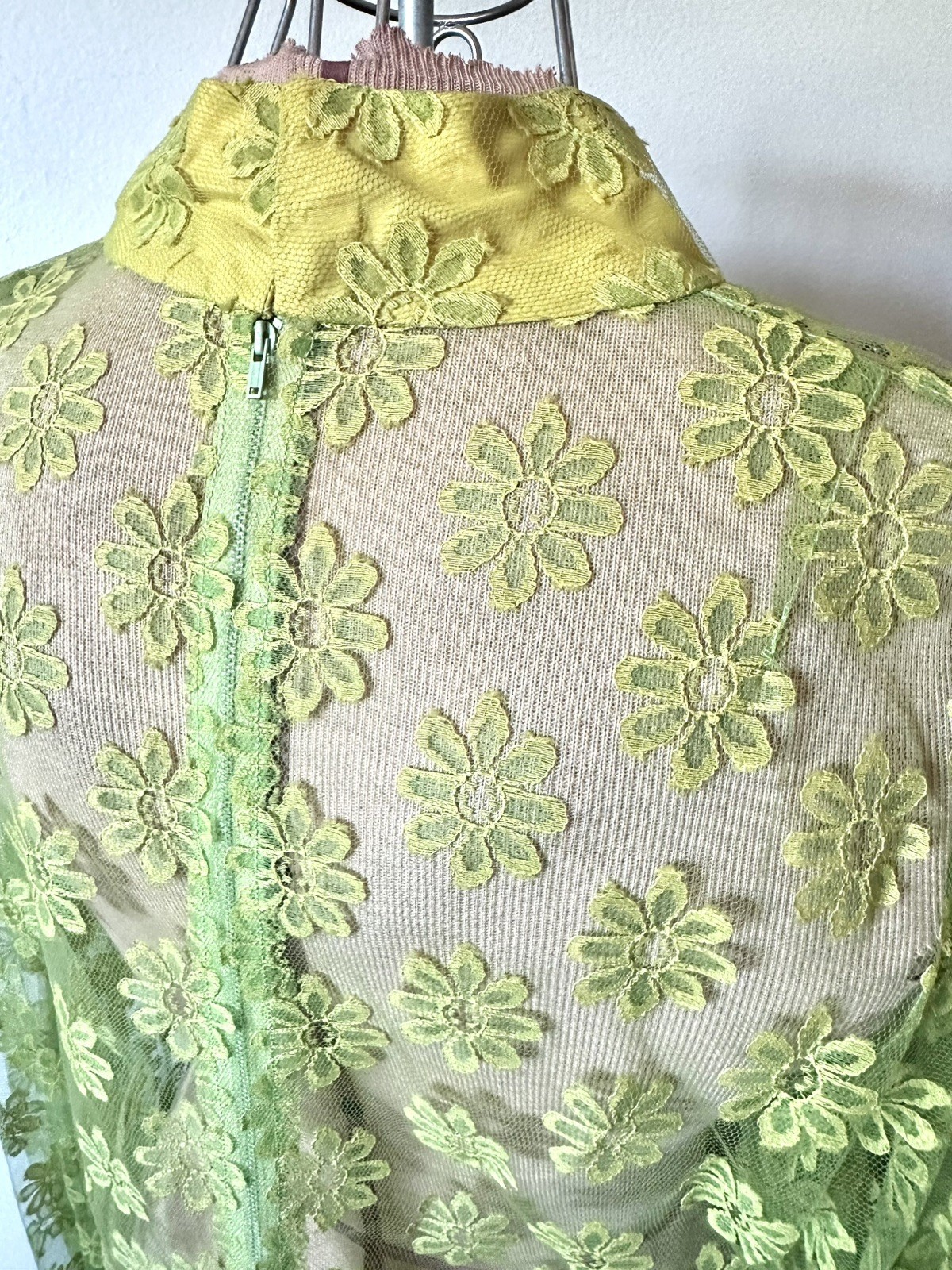 60’s MCM Avocado Green & Yellow Daisy Lace Dress