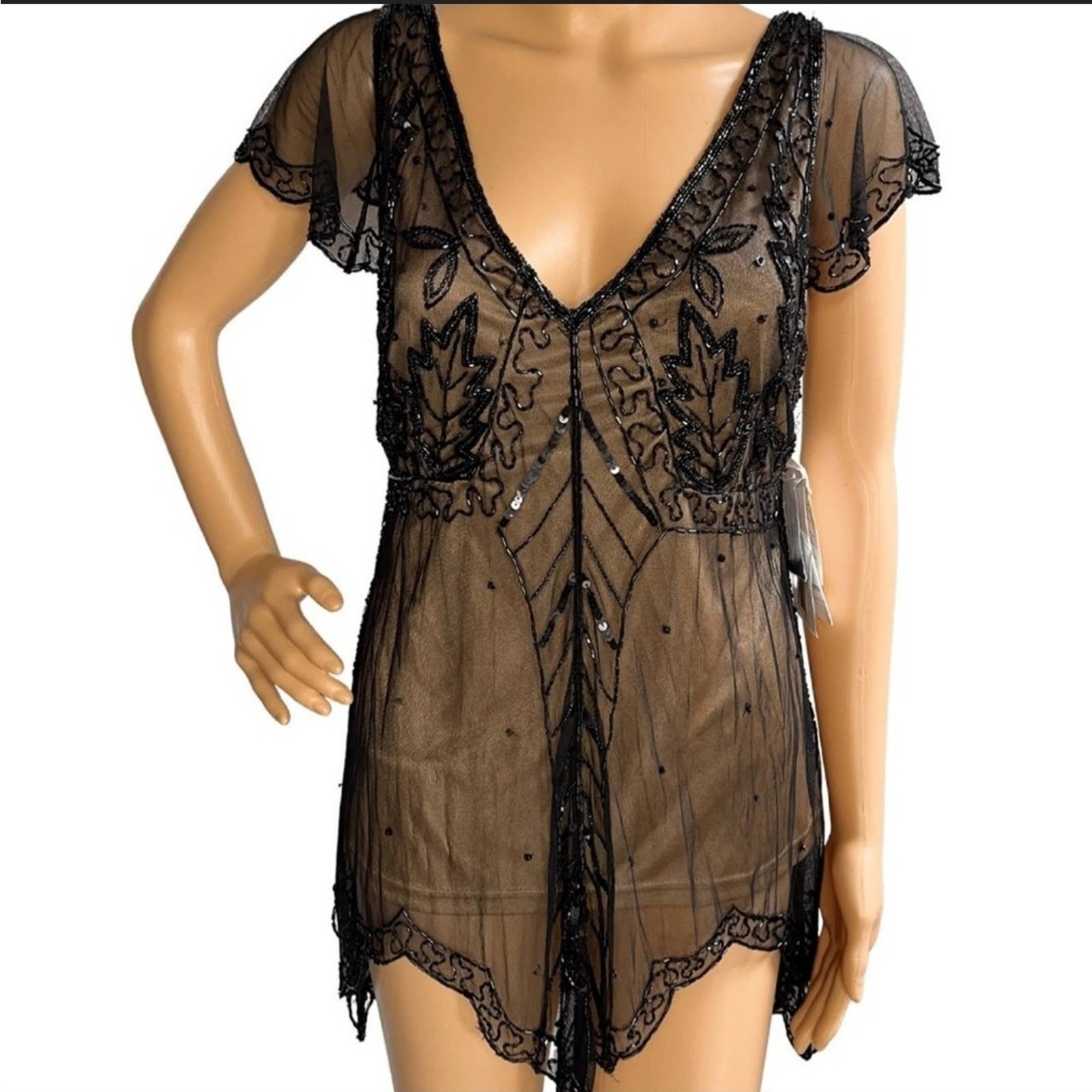 NEW Vintage Deadstock Hand Beaded Scala Gatsby Evening Top Black Gold Nude Sz. L