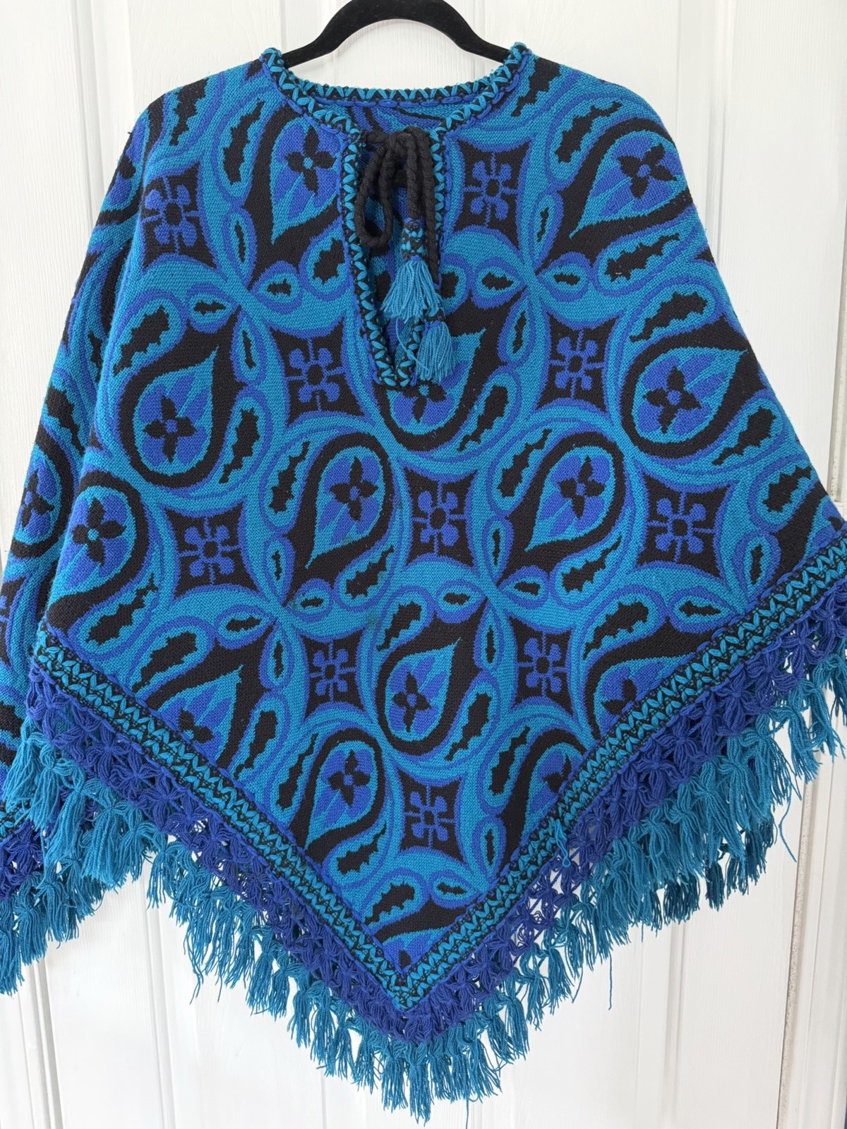 Vintage Blue & Black Tapestry Poncho Woven Fringe Reversible Boho Cottagecore