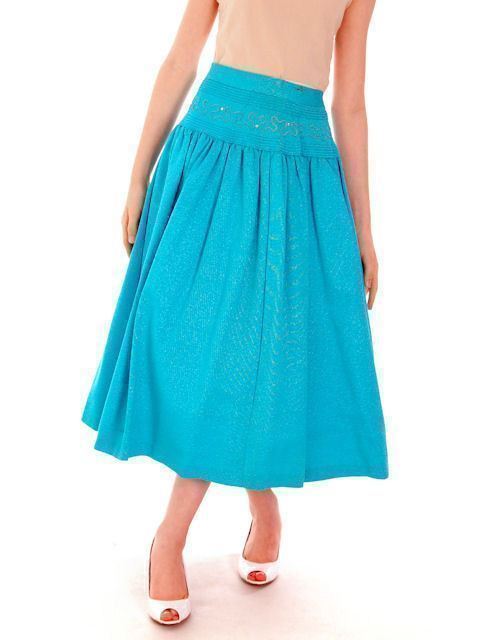 Authentic VTG Rayon Faille Skirt Turquoise S Dropped Waist Rhinestones