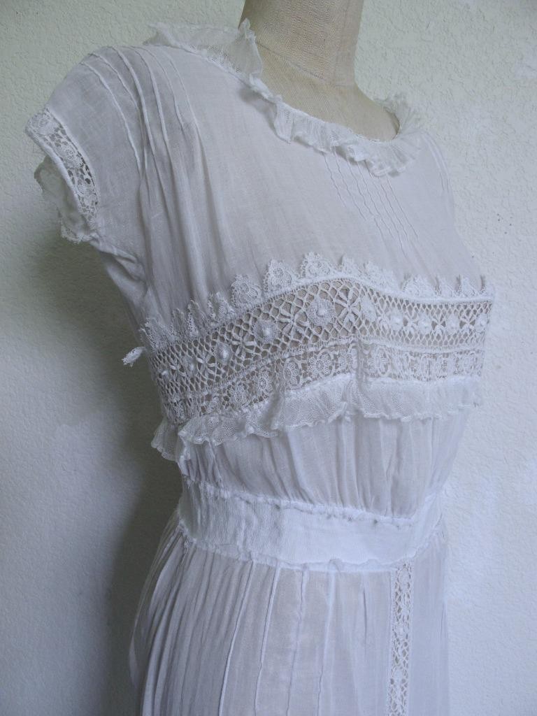 Antique Victorian Edwardian White Sheer Voile Dress XXXS Lace Trim Pintucks