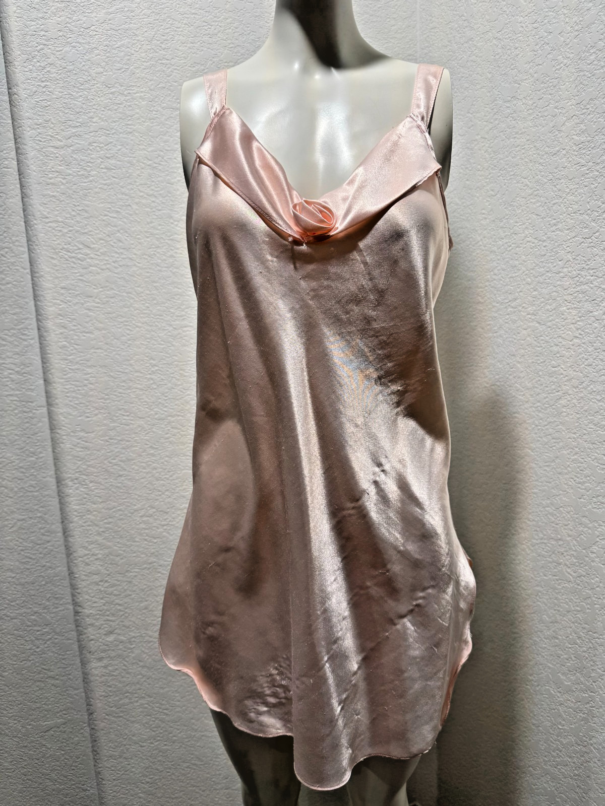 Y2K 90s Slip Dress Night Gown Pale Pink Rose Accent Sz Small Satin Shimmer