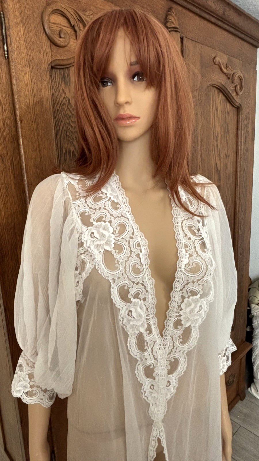 VTG. Cachet~SeXy Romantic Lacy Sheer Puff Sleeve Boudoir Peignoir Robe White M/L