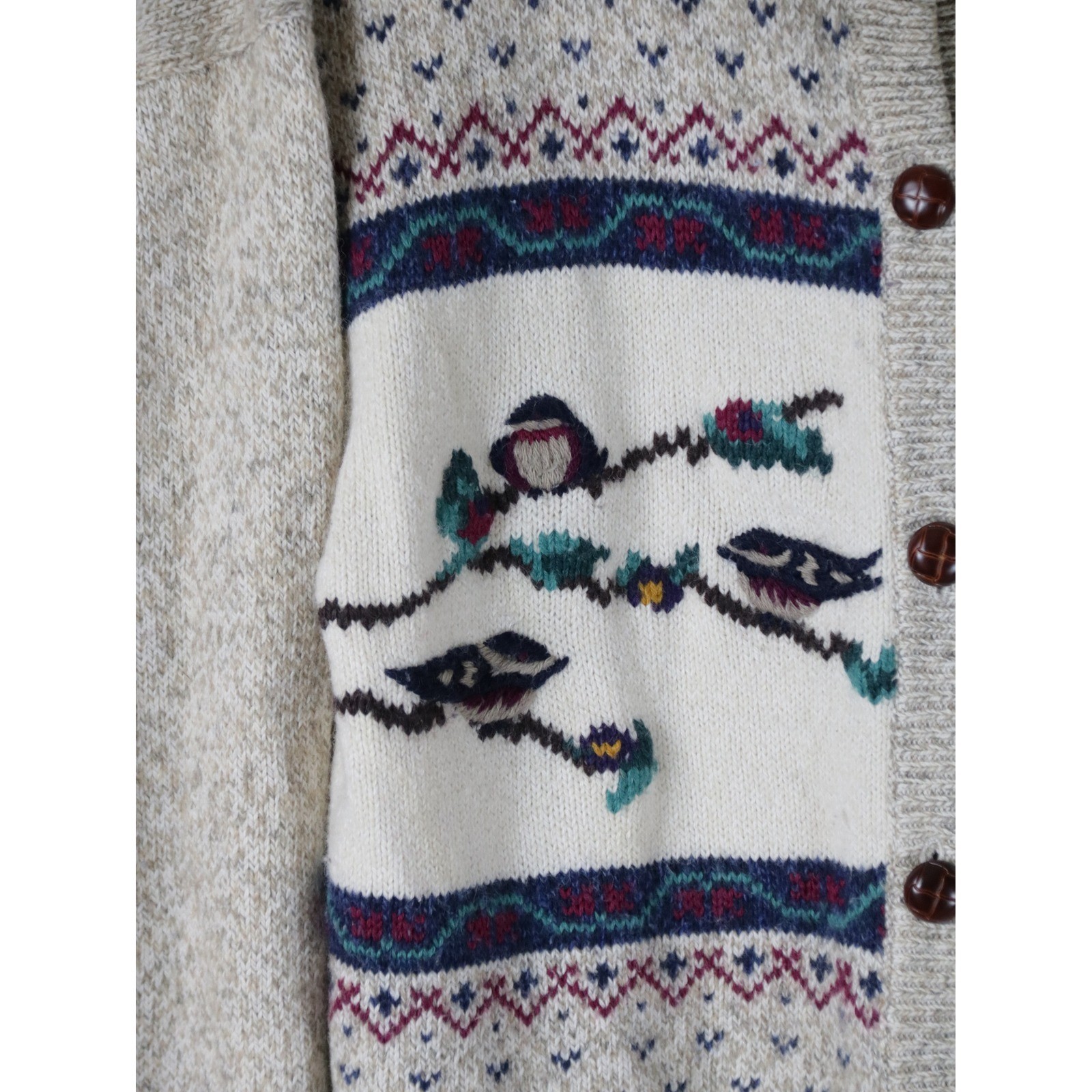 Northern Reflections Vintage Bird Cardigan Sweater Oatmeal Wool Blend Large 400