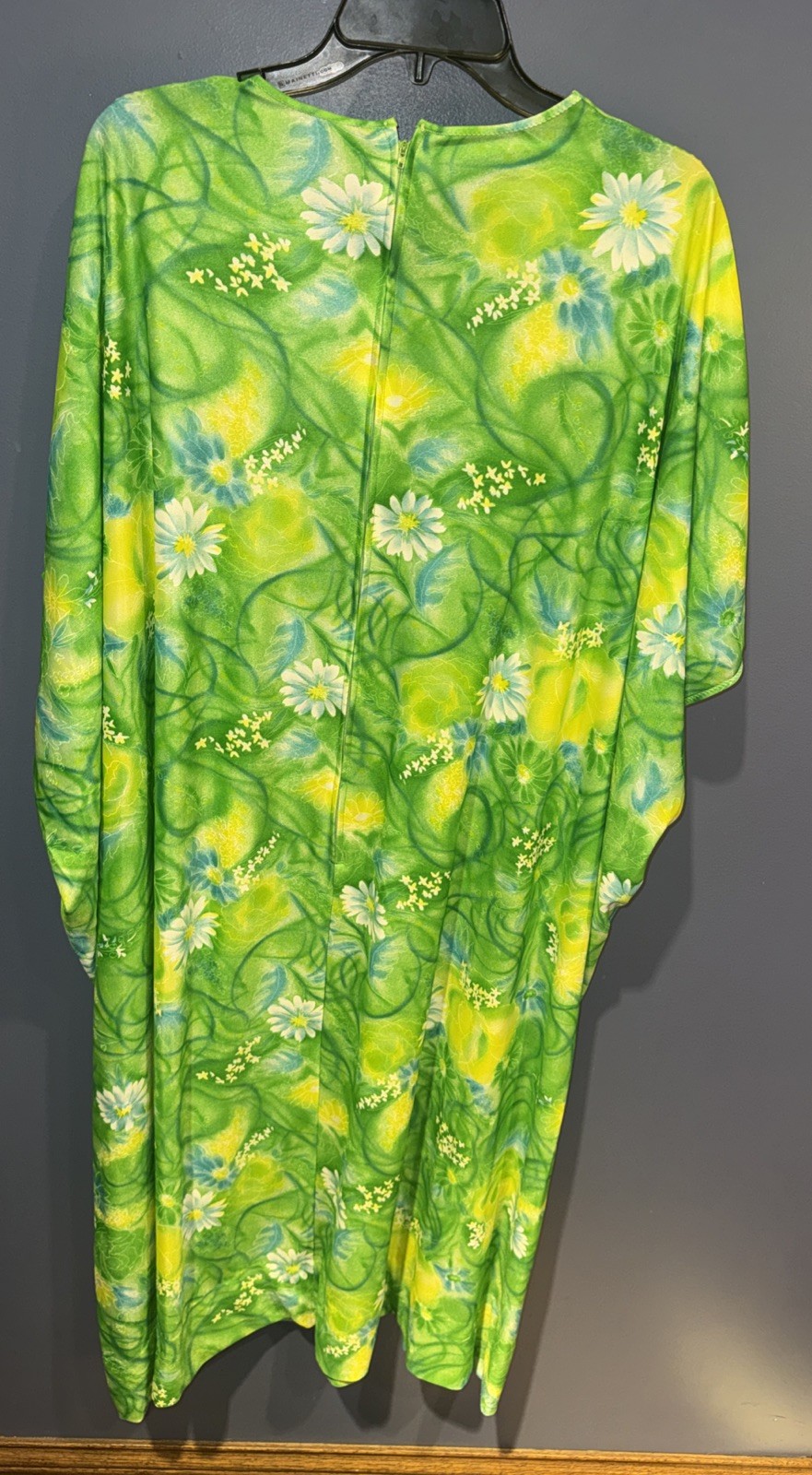 1960s Gown, Green Floral Nylon Back Zip, USA Unbranded Hippie, Festival Day