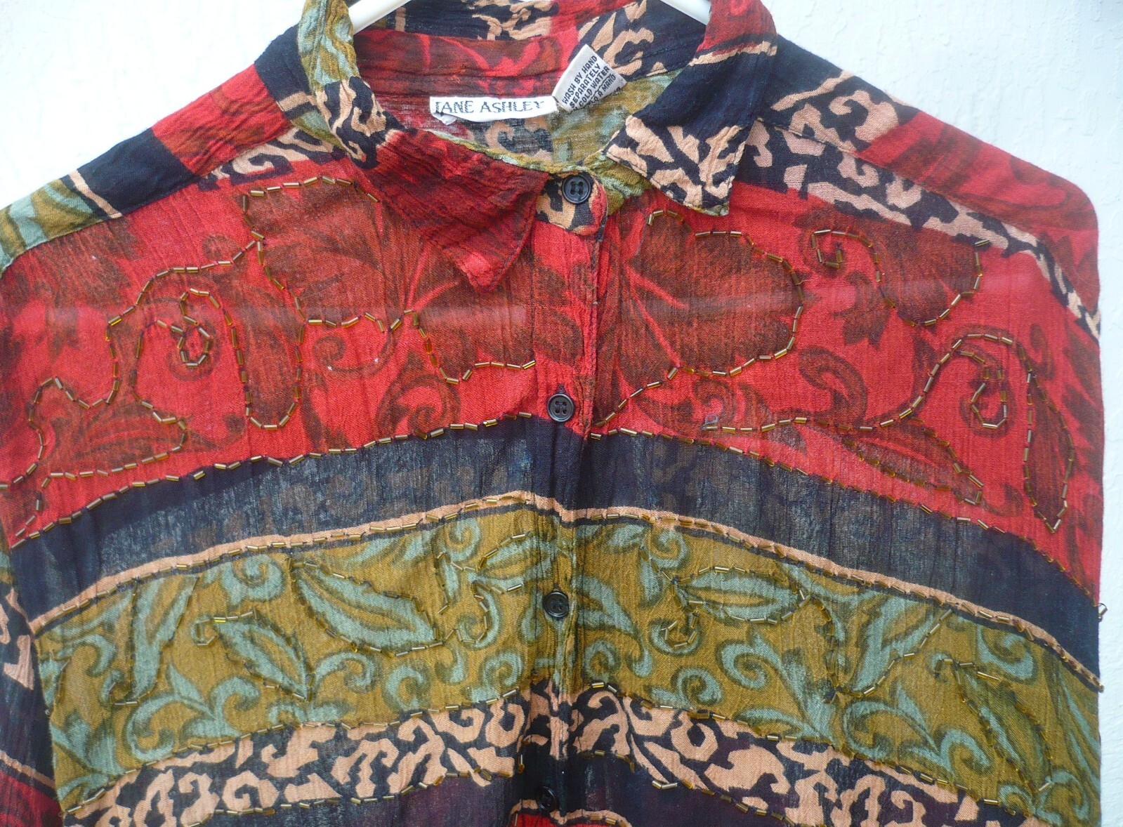 VTG 90S OVERSIZED JANE ASHLEY BEADED CINNAMON GREEN SHIRT WOMEN BLOUSE NEPAL M L