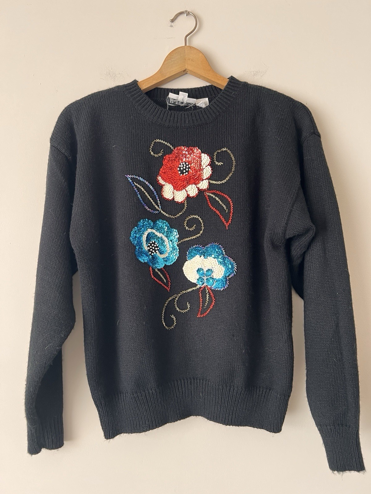 Vintage Russ Brand Floral Embellished Sequin Sweater Size M