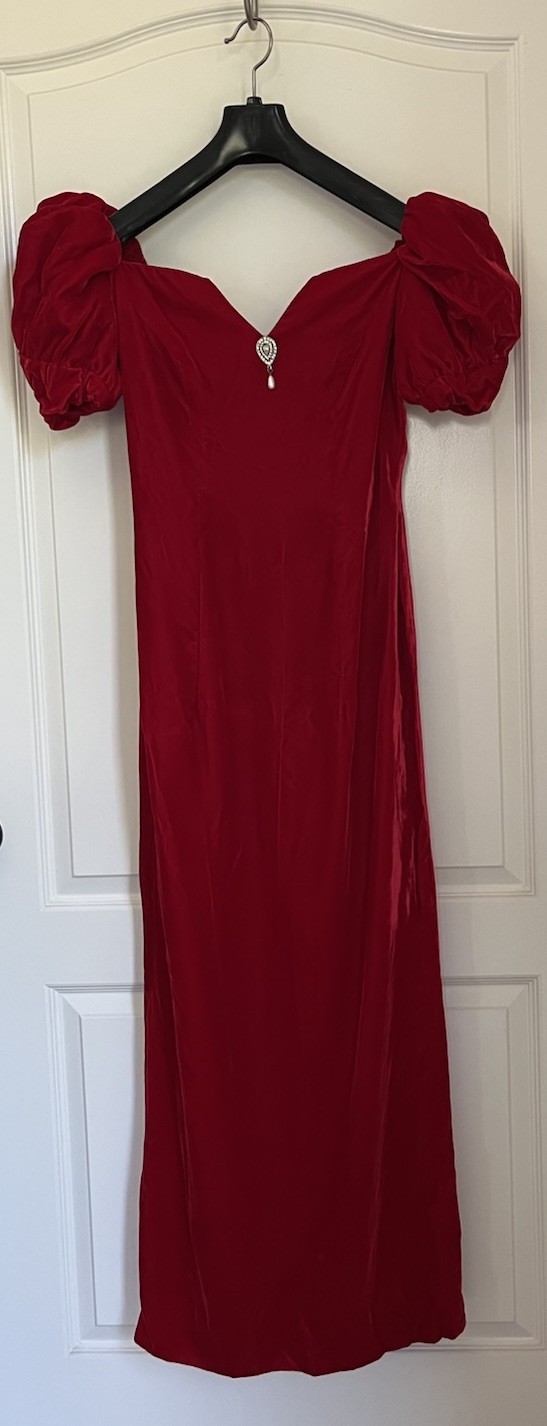 Vintage 90s ILGWU Jordan Fashions Red Velvet Gown, Puff Sleeve, Size 7/8