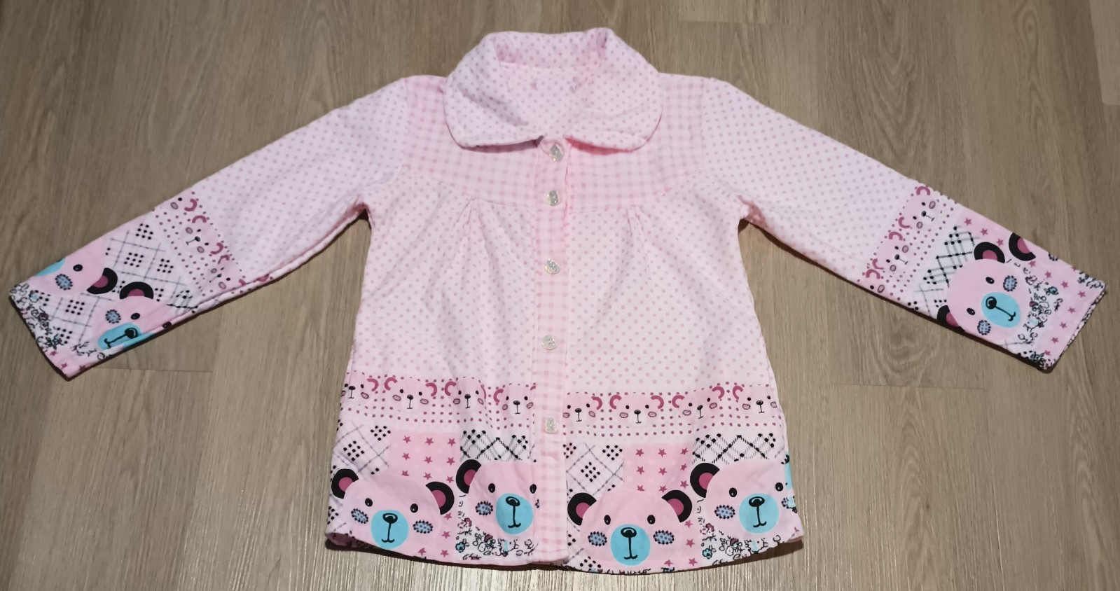 Vtg Quilted Teddy Bear Multi Print Peter Pan Collar Nursery Warm Jacket pink M L