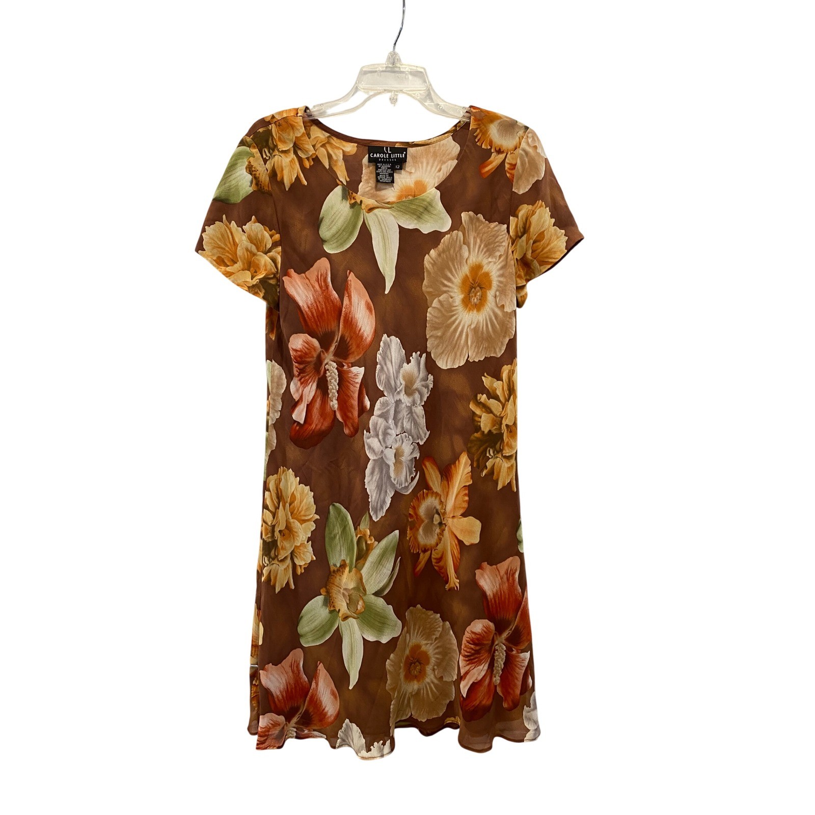 Carole Little Vintage 90s Brown Floral Tropical Shift Dress Womens Size 12