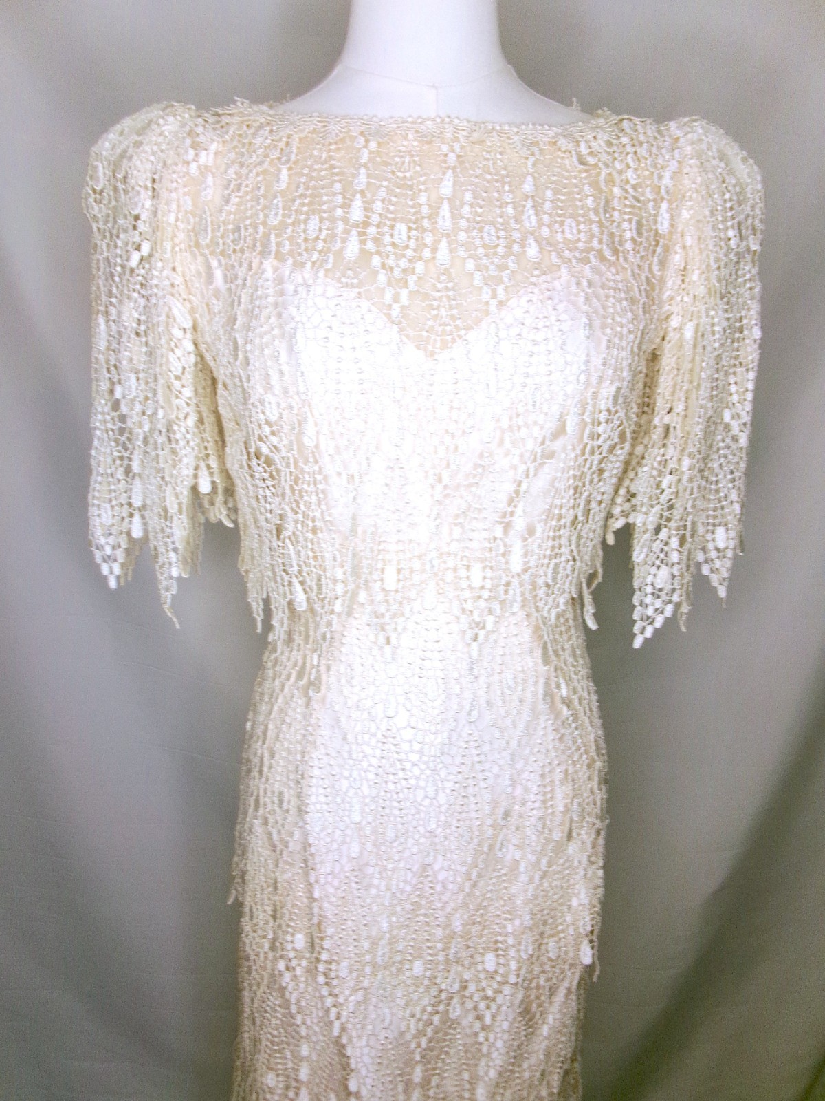 Vintage 80s Bianchi Ivory Lace Fringe Midi Dress XS Bridal Wedding Made USA
