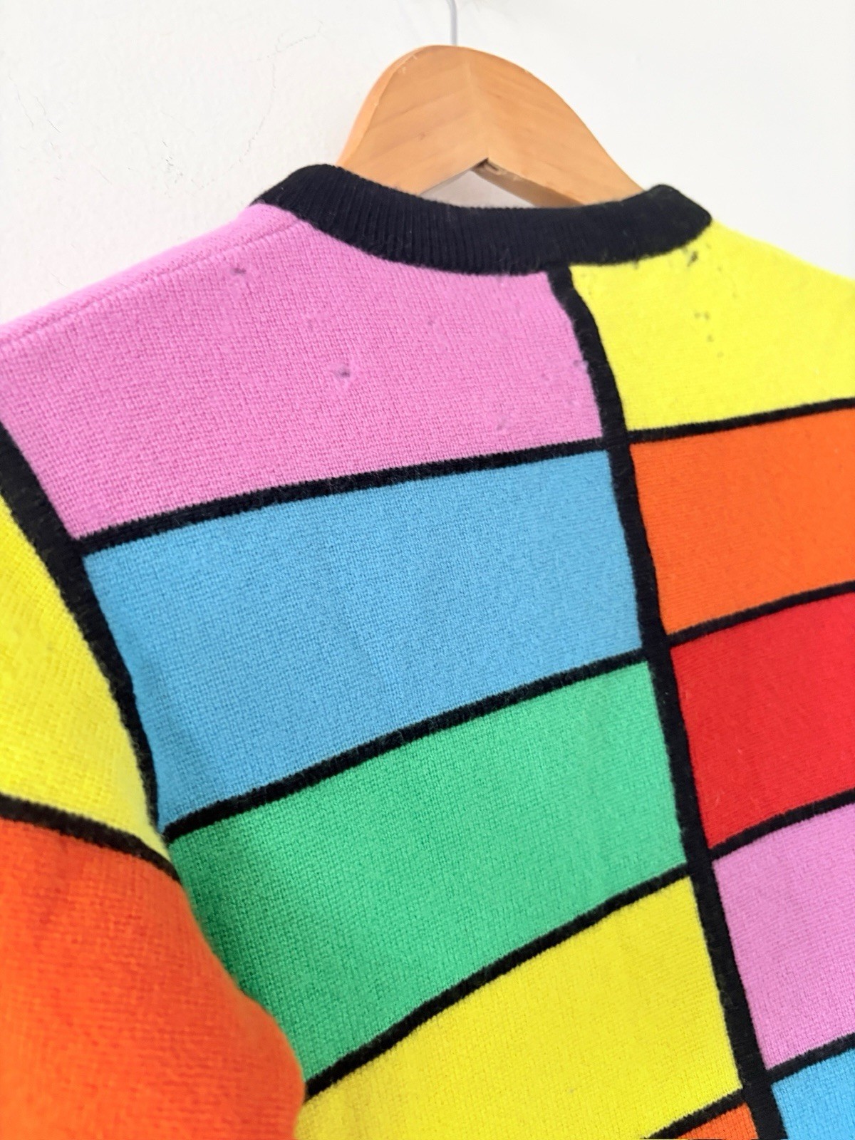 1960s Mod Geometric Color-Block Day Glo/Rainbow Wool Crewneck Sweater AS IS